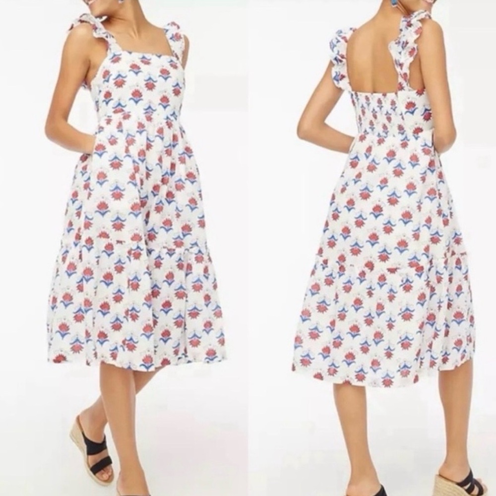 J. Crew White Midi Sundress with Red and Blue Floral Print